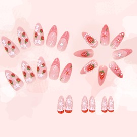 24 pcs Pink Nails with pearl - French Tip False Nails Medium Length - Press on Nails Almond - Cute Nails Patterns Sweet Bow Strawberry False Nails with Glue for Nail Art