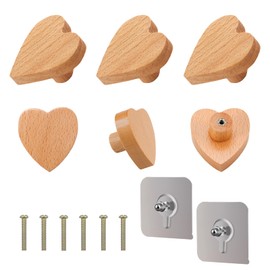 quiodok Pack of 6 Furniture Knobs, Wooden Heart Cabinet Knobs, Wooden Handles for Cabinets, Cupboard Knobs, Wood with Screws for Decoration, Furniture Knob for Drawers, Cupboards, Dressers