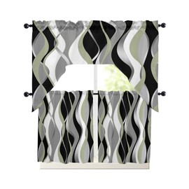 Sage Green Stripes Swag Kitchen Curtain Sets with Valance,3 Pieces Rod Pocket Curtain Drapes for Bedroom Living Room Bathroom Windows,Modern Geometric Black Grey White 56''x36'' & 24''x27.5''x2Panels