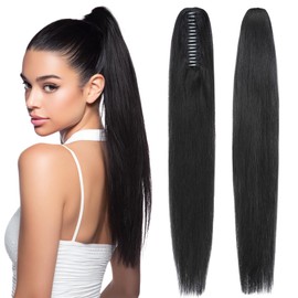 SEGOHAIR Human Hair Claw Clip Ponytail Extension 100% Real Human Hair Clip-In Extensions for Women Long Straight Pony Tails 14 Inches 105g #01 Jet Black