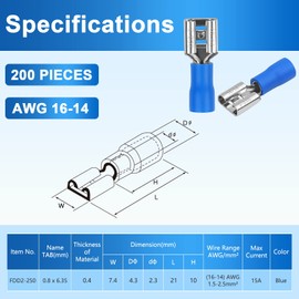 200 Pcs Female Quick disconnects Vinyl Insulated Spade Wire Connectors, Blue Electrical Crimp Terminal 16-14 AWG (6.3mm)