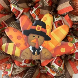 What a Mesh by Diana Thanksgiving Turkey with Pilgrim Hat Burlap Deco Mesh Wreath Handmade