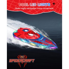 Fullware Spider Hero RC Boat, 2.4GHz Remote Control Boat with LED Lights for Kids, Pool Toy with 2 Rechargeable Batteries, Spray Function, and Low Battery Alarm for Boys & Girls