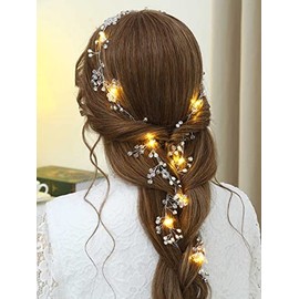 Yean- Enredadera para el cabello de novia con luz LED, diadema nupcial larga con luces, accesorios para el cabello de cristal plateado