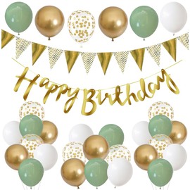 Goldenland Happy Birthday Garland Gold Green, Balloons Birthday Decoration, Gold Green Birthday Decoration, Happy Birthday Decoration Banner Party Decoration Birthday Set with Gold Confetti Balloons