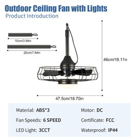 Powfloven 19''Vintage Waterproof Black Outdoor Ceiling Fans with Lights, Plug in Wet Rated Gazebo Fan Light with Remote, Caged Enclosed Hanging Fan for Patio Pergola Canopy with 3 Color LED Light