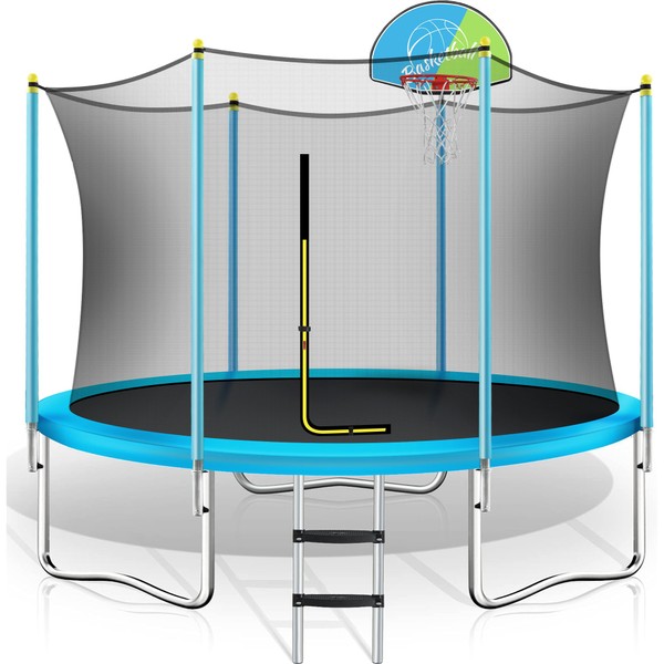 Merax 8FT Trampoline for Kids, Outdoor Trampoline with Safety Enclosure, Basketball Hoop and Ladder, Fast Assembly for Backyard