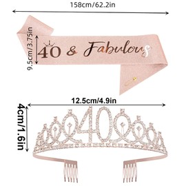 40th Birthday Sash and Tiara Birthday Crystal Crown, Rhinestone Crown Headband for 40 Birthday Gift Party Accessories, 40th Birthday Decoration for Women 40th Birthday Decorations Birthday