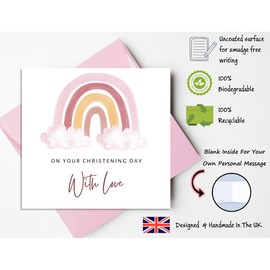 Printperfect - Pink Christening Card For Girls - Pink Rainbow Christening For Her Card - Daughter Granddaughter Niece Goddaughter Naming Day Greeting Card