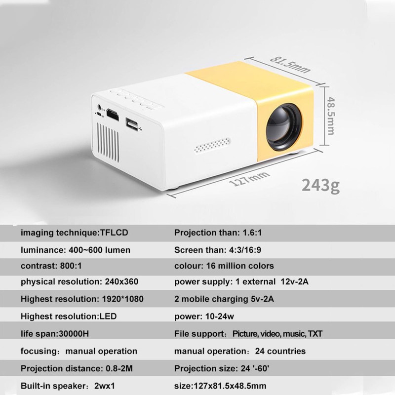 Generic Mini LED Projector Portable 1920x1080 Resolution Large Screen LED