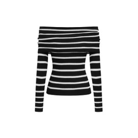 CIDER Striped Off The Shoulder Long Sleeve Knit Sweaters Going Out Fall Tops: Black & White, M