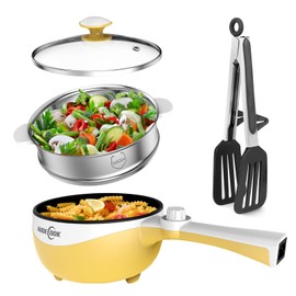 Audecook Hot Pot Electric with Steamer, 1.7L Mini Electric Skillet Portable Nonstick Sauté Pan with Power Adjustment, Rapid Noodles Cooker Travel Multicooker for Steak/Soup/Egg/Oatmeal/Noodles