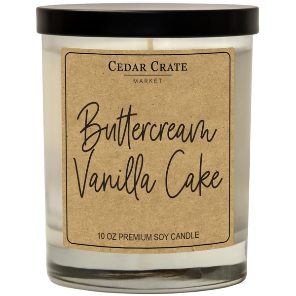 Cedar Crate Market - Buttercream Vanilla Cake Candles for Home - Scented Soy Wax Candles Gifts for Women and Men, Aromatherapy Candles - 13.5 oz Clear Jar, Made in The USA