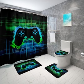 4 Pcs Gamepad Controller Shower Curtain - Game Shower Curtain Set Video Gamepad Bathroom Set with Rug,Toilet Cover,U Shaped Mat and 12 Hooks,70 X 70