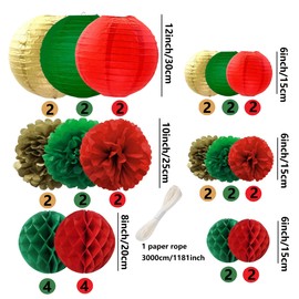 WOLHOWLTD Gold Green Red Christmas Decoration Set - 36Pcs Paper Lanterns, Pompoms, Honeycomb for Wedding,Christmas,School Day,Bridal Shower,Scary Birthday Party Classroom,Home Decoration