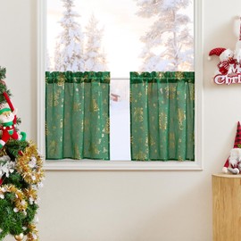 PONY DANCE Net Curtains Kitchen Transparent Curtains Short Window Curtain Christmas Curtain with Rod Pull Dark Green Window Curtains Set of 2 W 60 x H 60 cm