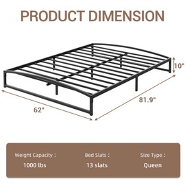 dainslef Low Bed Frame Queen Size, 10 Inch Heavy Duty Metal Platform Queen Bed Frame Low Profile, Mattress Foundation, No Box Spring Needed, Noise-Free, Non-Slip, Easy Assembly, Black
