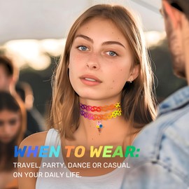 BodyJ4You 2PC Tattoo Choker Necklace - 90s Choker Necklace Women - 2000s Y2K Rainbow Choker - Ice Cream Pink Yellow Blue Goldtone Charm Pendant - Colorful Stretchy Elastic Necklace