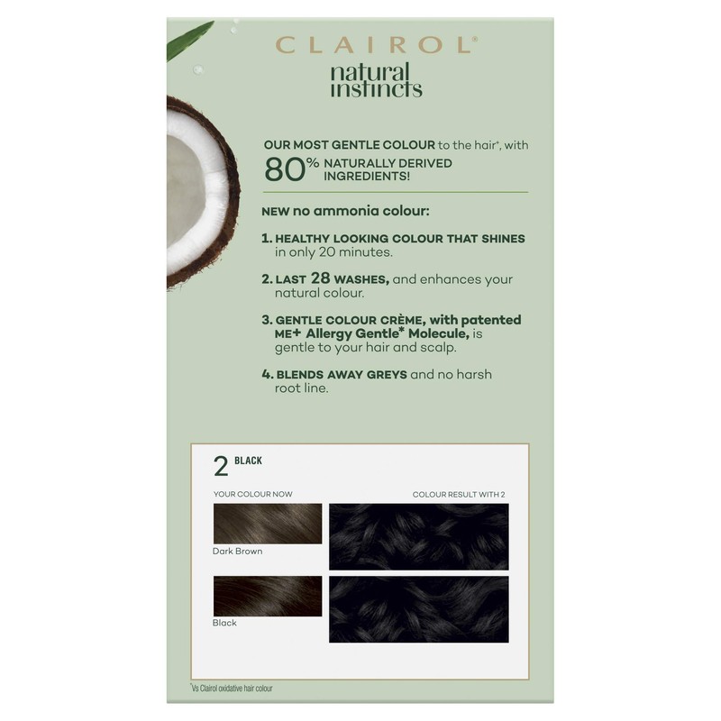 Clairol Natural Instincts Semi-Permanent Hair Color, 2 Black, Ammonia Free,