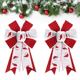 Estivaux 2 Pieces Christmas Bows for Wreath, Xmas Santa Wreath Bows Shining White Red Burlap Bows Santa Claus Craft Bows Winter Holiday Tree Topper Bows for Front Door Christmas Party Decorations