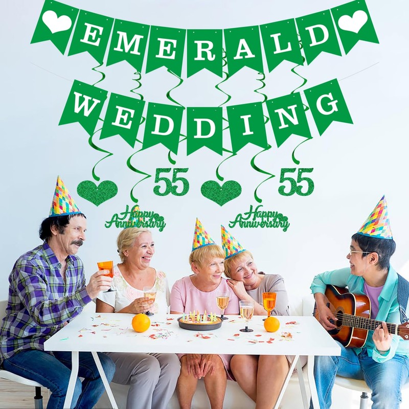 Elicola 55th Anniversary Decorations Emerald Wedding Banner Hanging Swirls Happy