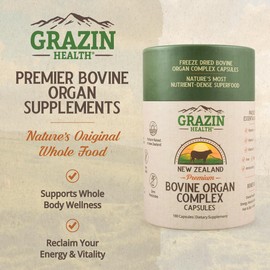 Grazin Health - Grass Fed Bovine Organ Complex: Liver, Spleen, Kidney, Heart, Pancreas (600 Mg per Organ per Capsule), 3000 Mg per Serving (30 Servings)