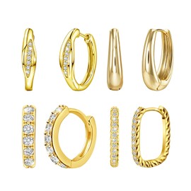 18K Gold Plated Sterling Silver Hoop Earrings Set for Women Hypoallergenic Sparkling Cubic Zirconia Loop Earrings Pack Dainty Lightweight Cartilage Earring for Multiple Piercing Gifts,4 Pairs