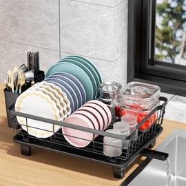 DMTXCRP Dish Drying Rack with Drainboard for Kitchen Counter, Large Capacity Durable Rustproof Stainless Steel Dish Drainer Rack with Removable Flatware Caddy -Black