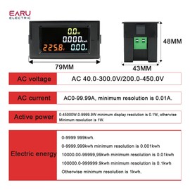 EKSIL D69-2049 Digital Multimeter 100A AC 40-300V Electric Power Energy Voltmeter Ammeter Analyser Watt Volt kWh 220V LCD(AC 200-450V)