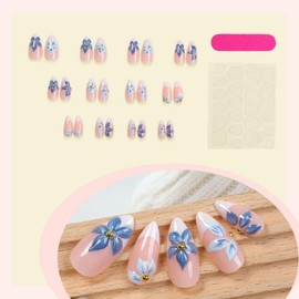 Flower Nail Press ons White French Tip Fake Nails with Gold Design Blue Floral Glue on Nails Glossy Artificial Acrylic Full Cover Medium Almond Stick on Nails for Women Summer Manicure 24Pcs