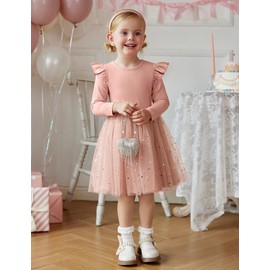 Arshiner Toddler Little Kids Tutu Tulle Dress Long Sleeve Flutter Girls Glitter Princess Formal Fall Winter Dresses Pink 4T