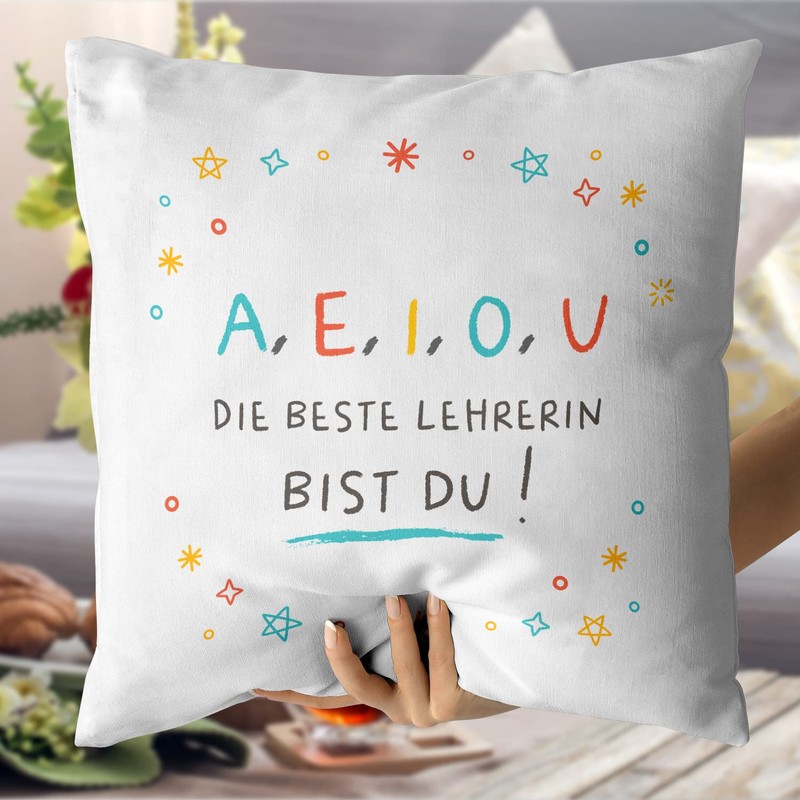 Mugffins AEIOU Cushion with Filling with Saying for Teacher in