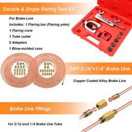 Eoppen 25 ft 3/16 + 1/4 Copper Coated Brake Line Kit(Includes 48 Fittings and 8 Unions) with Tube Bender and Double & Single Flaring Tool Kit