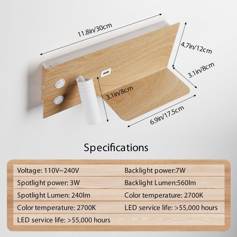 Modern LED Wall Sconce for Bedroom,Wood Plug in Wall Light