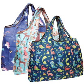 allydrew Large Foldable Tote Nylon Reusable Grocery Bag, 3 Pack, Amazing Animals