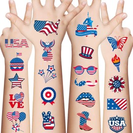 4th of July Temporary Tattoo Adults Fake Tattoos Independence Day Fourth of July Waterproof Body Art Stickers Red White Blue Memorial Decorations for Labor Day Party USA National Flag 20 Sheets