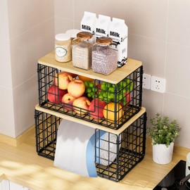 Neatevday 2 Pack Large Trash Bag Dispenser Stackable Storage with Bamboo Top, Garbage Bag Holder Under Sink, Kitchen Laundry Pantry Organizers Basket for Fruits,Vegetable, Black