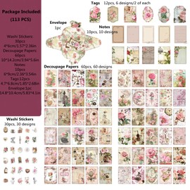 113 PCS Vintage Journaling Scrapbooking Supplies Ephemera Pack Scrapbook Sticker Paper Kit for Bullet Junk Journal Planners Collage Craft Notebooks Decoupage Album (Flowers and Old Things)