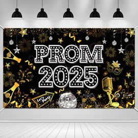 HOWAF Prom 2025 Backdrop Banner for Graduation Dancing Night Party Decoration, Black Gold Silver Welcome Banner, Prom 2025 Background Banner for Class of 2025 Congrats Grad Party Supplies