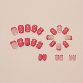 Short Square Press on Nails French Fake Nails Summer Glue on Nails Hot Pink Acrylic Nails Full Cover Medium Center Ombre False Nails ‌French Tip Press on Nails Reusable Stick on Nails for Women 24PCS