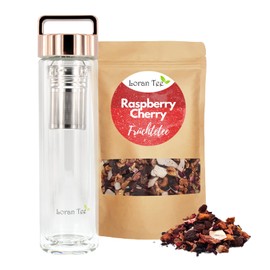 LORAN Raspberry Cherry Set, Raspberry Cherry Fruit Tea, Loose 200 g, Tea Bottle with Strainer to Go Teamaker 500 ml, Double-Walled, Insulated