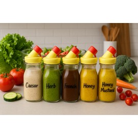 kitchentoolz Salad Dressing Shaker Bottle – 12oz Glass Bottle with Silicone Pour Spout and Tamper-Proof Lid for Sauces and Marinades - Pack of 4