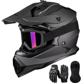 ILM Adult Dirt Bike Helmets Men Women Motocross ATV Off Road Helmet with Goggles Gloves Mask DOT Model WS901 (Carbon Fibre, XL)