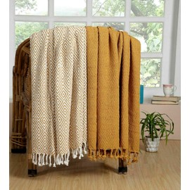 Cozy Home Collection Luxurious Hand Woven Cozy Warm 100% Cotton All Season Light Weight Couch Chair Bed Decorative Throw Blankets Diamond 50x60 Inch Set of 2 (Yellow)