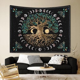 Festival Adornment, Tree Pattern Tapestry, Boho Mandala Tapestry, Hippie Sun & Moon Pattern Hanging Cloth, Fantasy Tree Print Tapestry - Color: Ochre Brown, Specification: W59*L78inch/150*200cm