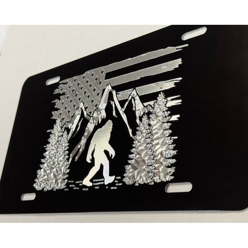 Engraved Big Foot Sasquatch US Flag Car Tag Diamond Etched