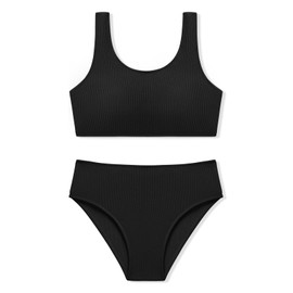 URMAGIC Girls Two Piece Swimsuits Ribbed Bikini Sets Swimming Bathing Suit Beach Sport Athletic Teen Girls Swimwear Black