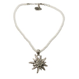 Alpenflüstern drawstring necklace, rhinestone edelweiss, ladies' costume jewellery, dirndl necklace in traditional colours, DHK100, Base Metal