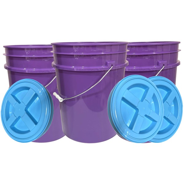 House Naturals 5 Gallon Purple Food Grade Plastic Bucket with Screw on Gamma lid, BPA Free, Made in USA (Pack of 3) (Purple Bucket with Aqua lids)