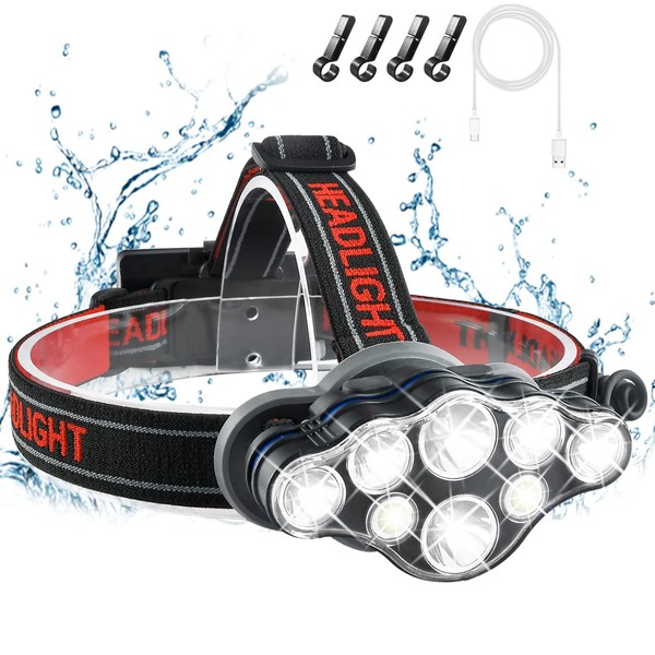 Lcckyeng Rechargeable Headlamp, 8 LED 18000 Lumen Super Bright Waterproof